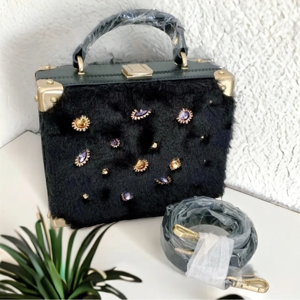 Sam Edelman Carressa Faux Fur Shoulder / Crossbody Bag with Jewels